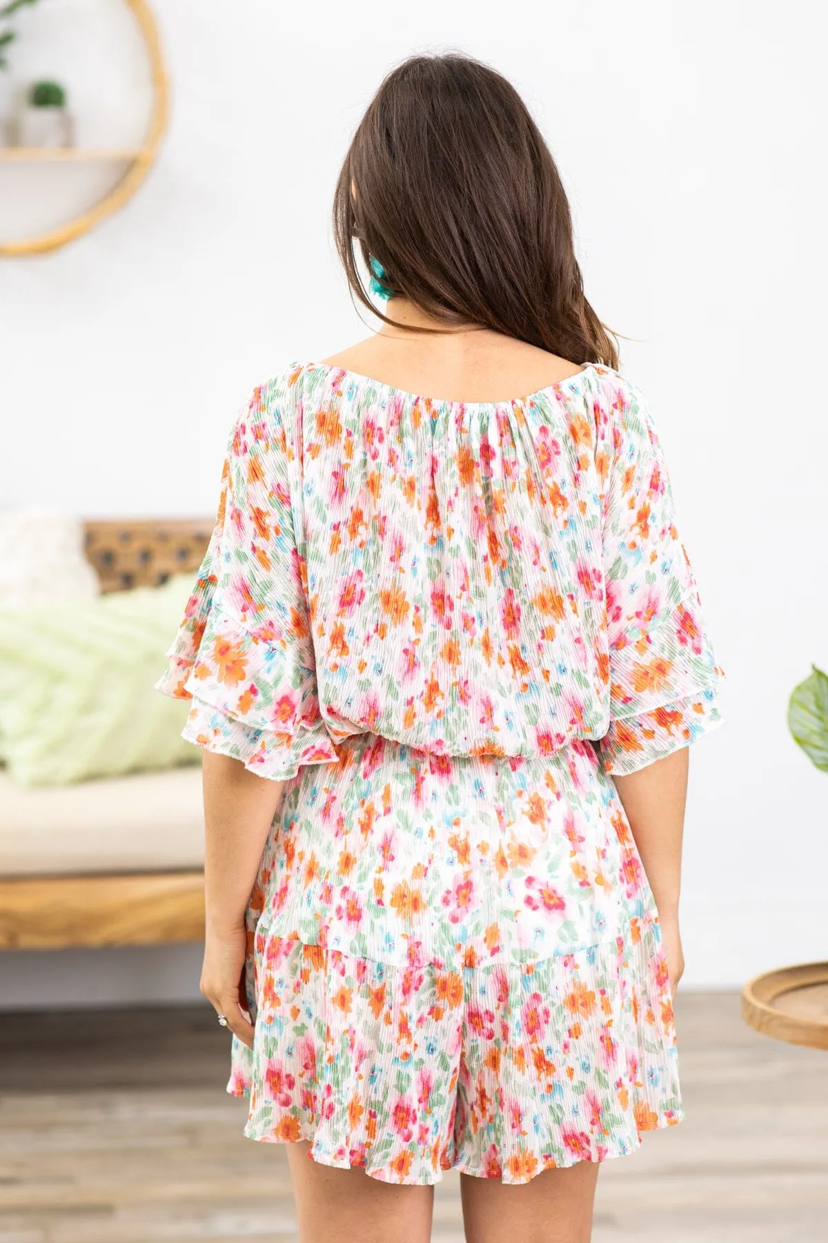 Pink and Aqua Floral Short Sleeve Romper
