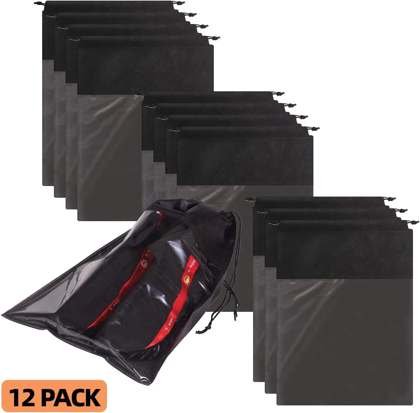 Portable Shoe Bags for Travel - Large Shoes Pouches with Clear Window and Drawstring - Unisex Black