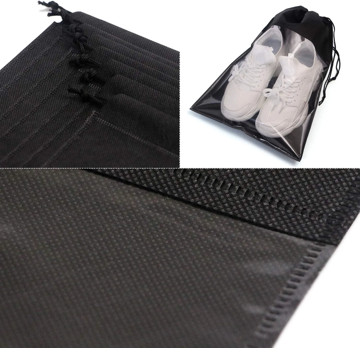 Portable Shoe Bags for Travel - Large Shoes Pouches with Clear Window and Drawstring - Unisex Black