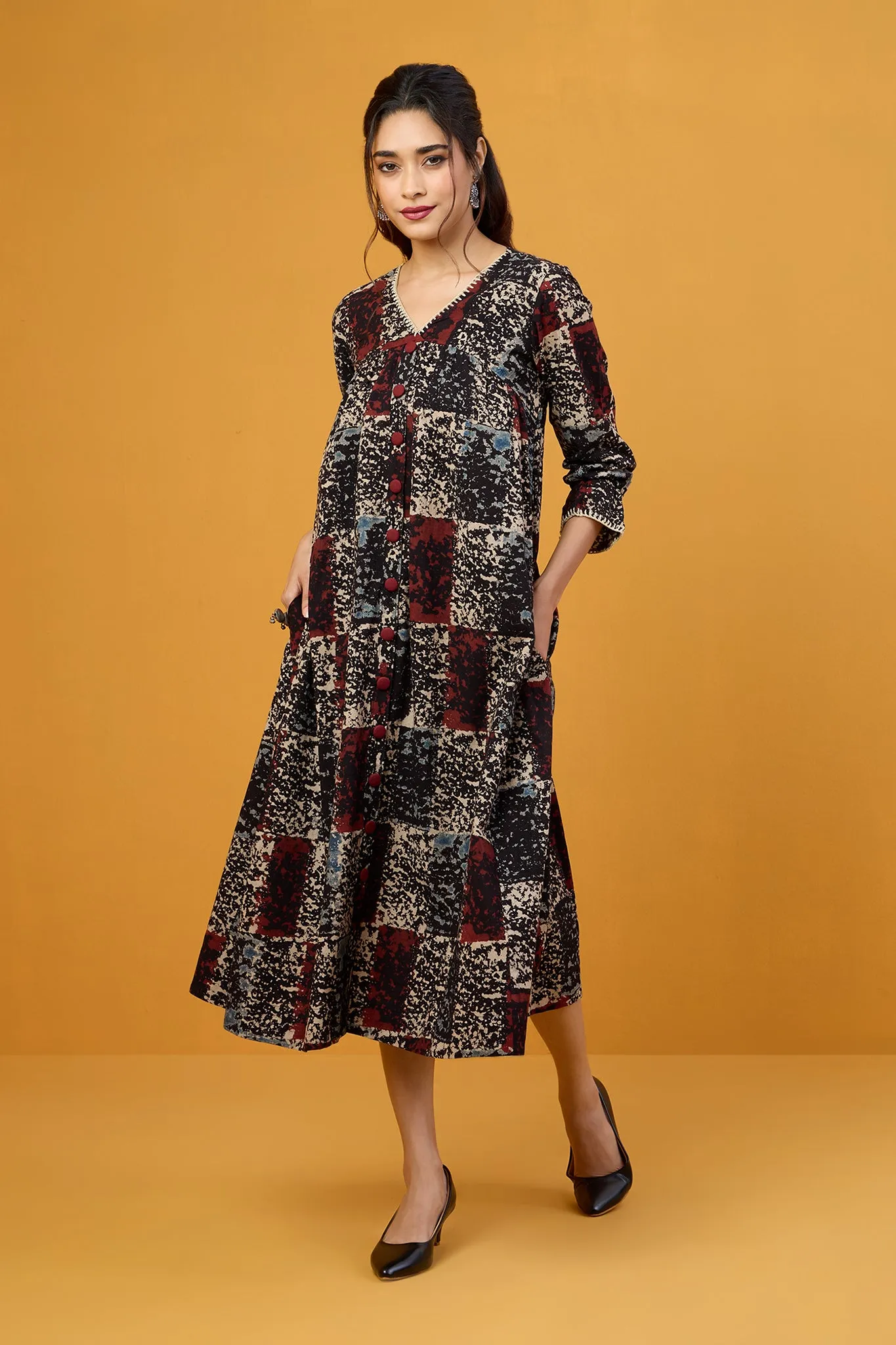 Scarlet Midnight Glow V-Neck Gather Dress with Crochet