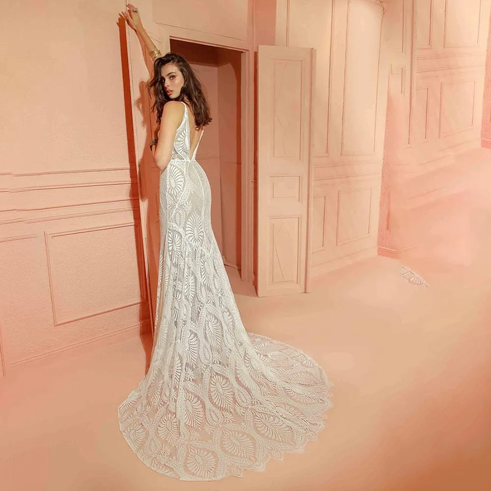 V Neck Mermaid Wedding Dresses Spaghetti Straps Sleeveless