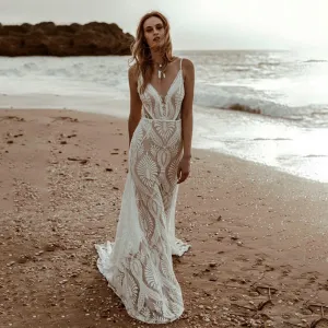 V Neck Mermaid Wedding Dresses Spaghetti Straps Sleeveless