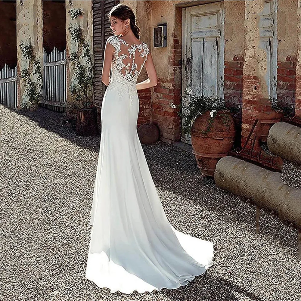 Wedding Guest Dresses: Lace Sheath Wedding Dress Illusion Bohemian Bridal Gowns Beach