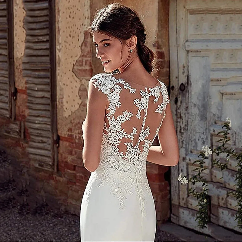 Wedding Guest Dresses: Lace Sheath Wedding Dress Illusion Bohemian Bridal Gowns Beach