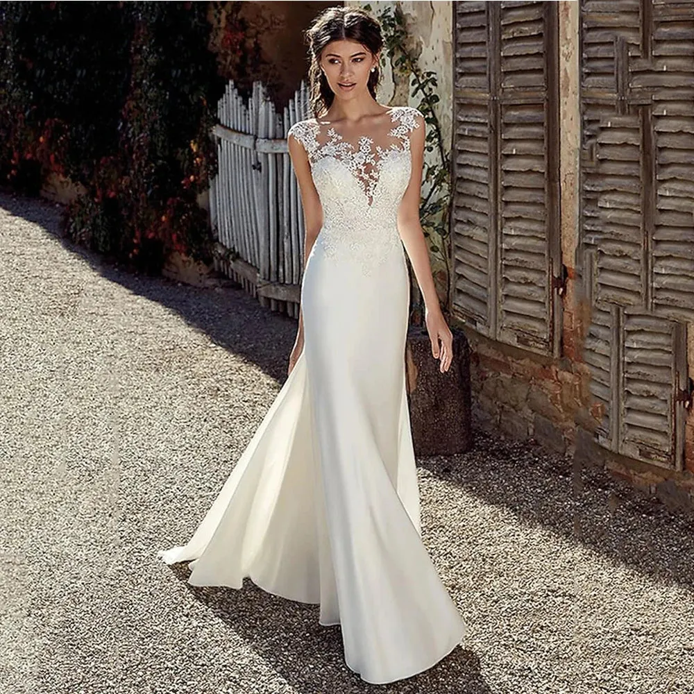 Wedding Guest Dresses: Lace Sheath Wedding Dress Illusion Bohemian Bridal Gowns Beach