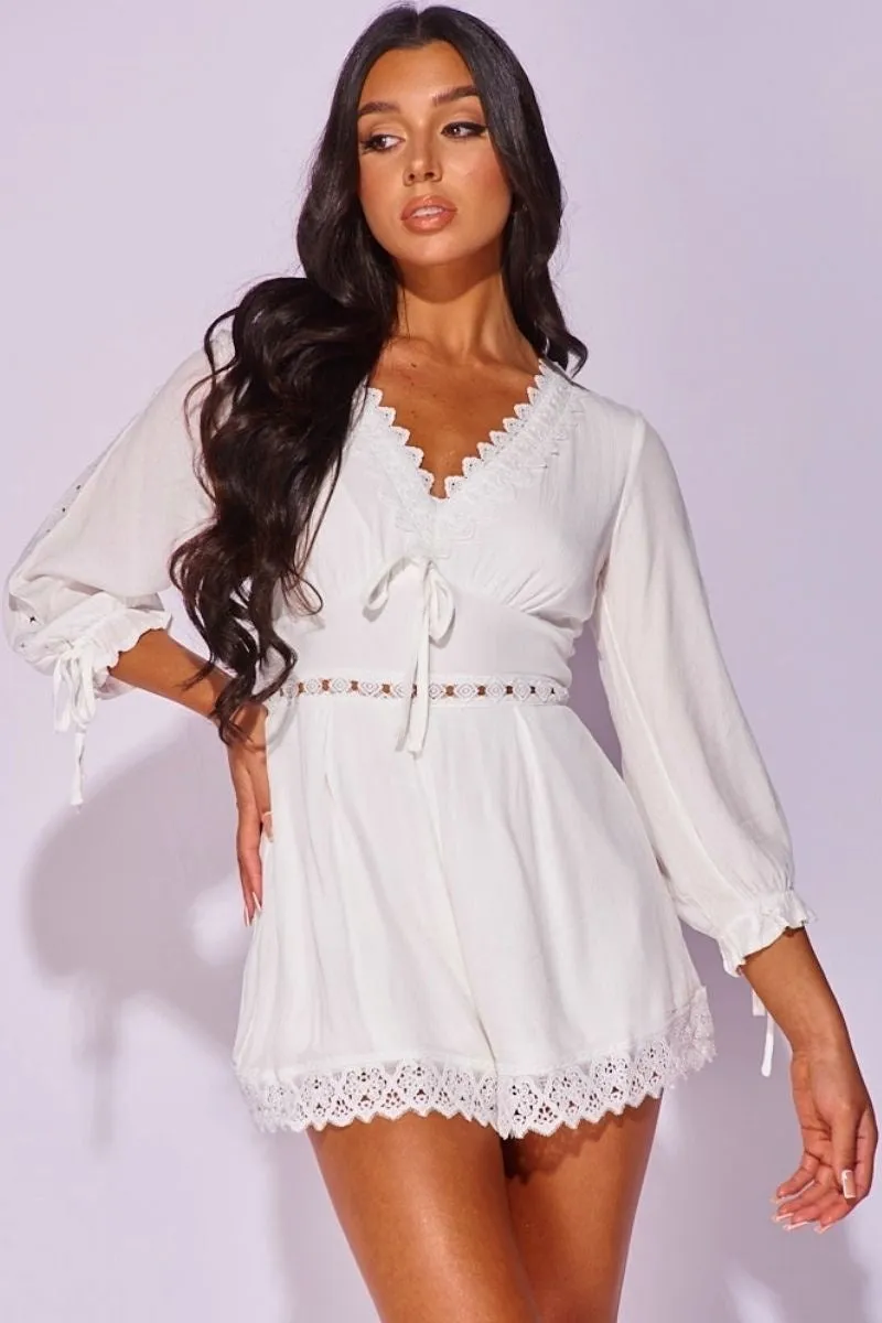 White Crochet Lace Trim Balloon Sleeve Playsuit