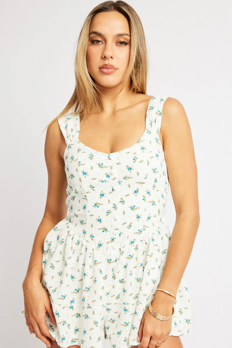 White Ditsy Fit And Flare Playsuit