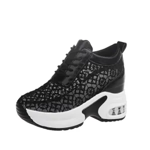 Women White Shoes Breathable Mesh Chunky Platform Sneakers Summer Ladies Lace Floral Hollow Out Wedge Heels Casual Footwear